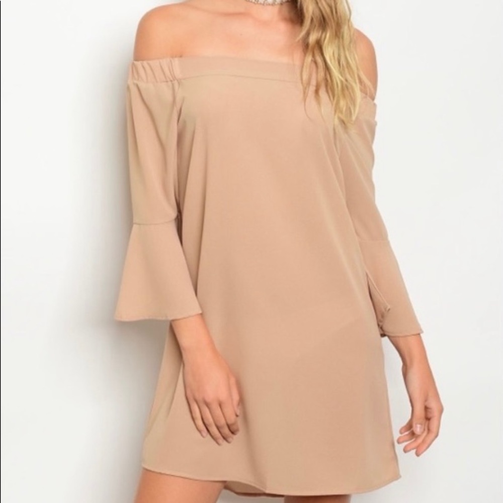 AVAILABLE TAN OFF-SHOULDER DRESS - Picture 2 of 5